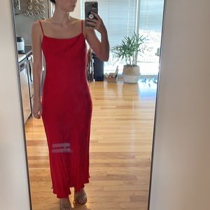 Third form red satin cowl neck midi dress with subtle leaf pattern